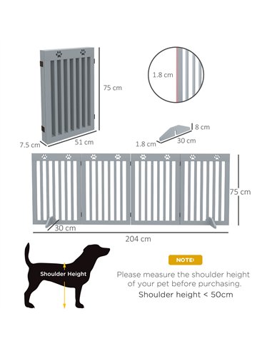 PawHut Wooden Pet Gate Foldable Freestanding Dog Safety Barrier w/ Support Feet, Grey