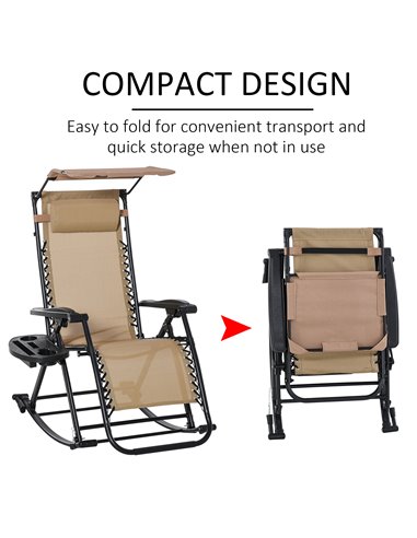 Outsunny Garden Rocking Chair Folding Recliner Outdoor Adjustable Sun Lounger Rocker Zero-Gravity Seat with Headrest Side Holder