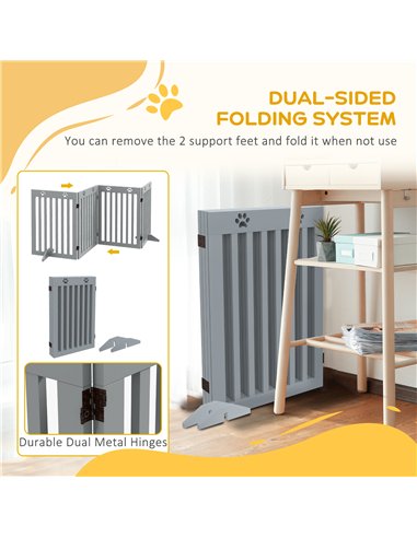 PawHut Wooden Pet Gate Foldable Freestanding Dog Safety Barrier w/ Support Feet, Grey
