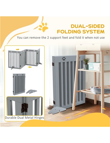 PawHut Wooden Pet Gate Foldable Freestanding Dog Safety Barrier w/ Support Feet, Grey - pic 143780 | FastDaddyshop