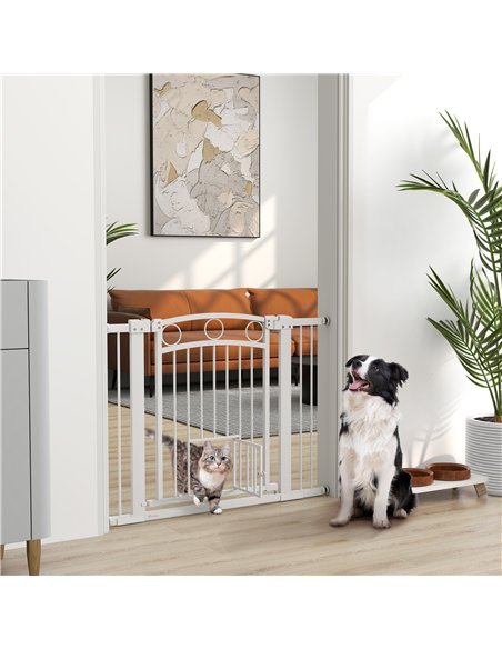 PawHut 77cm Tall Dog Gate with Cat Door, 7cm and 14cm Extensions, for Stairs, Doorways, 76-104cm Width - pic 143787 | FastDaddyshop