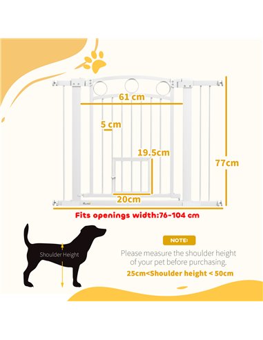 PawHut 77cm Tall Dog Gate with Cat Door, 7cm and 14cm Extensions, for Stairs, Doorways, 76-104cm Width