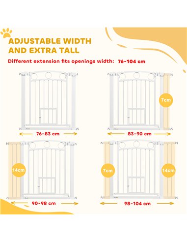 PawHut 77cm Tall Dog Gate with Cat Door, 7cm and 14cm Extensions, for Stairs, Doorways, 76-104cm Width