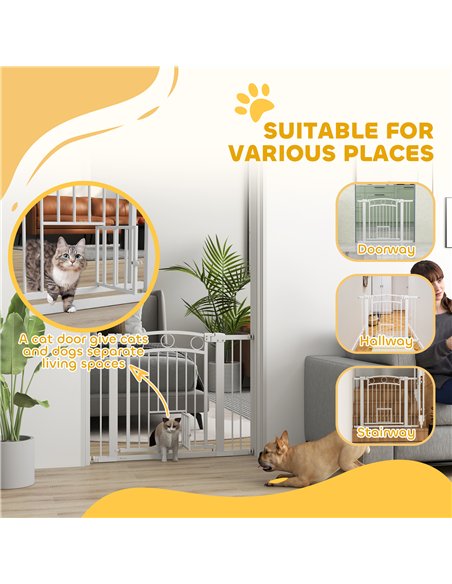 PawHut 77cm Tall Dog Gate with Cat Door, 7cm and 14cm Extensions, for Stairs, Doorways, 76-104cm Width - pic 143793 | FastDaddyshop