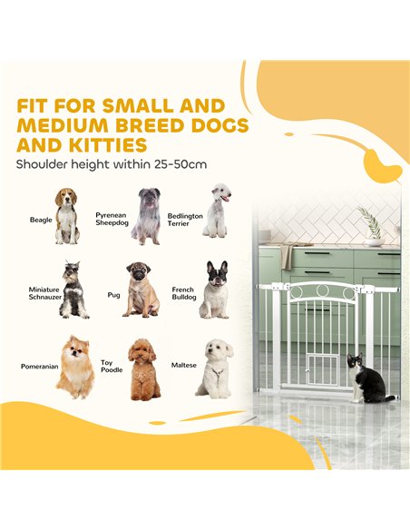 PawHut 77cm Tall Dog Gate with Cat Door, 7cm and 14cm Extensions, for Stairs, Doorways, 76-104cm Width - pic 143794 | FastDaddyshop