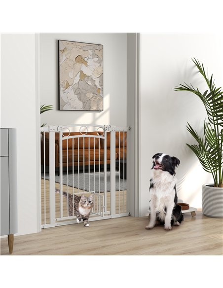 PawHut 96cm Tall Dog Gate with Cat Door, 7cm and 14cm Extensions, for Stairs, Doorways, 76-104cm Width - pic 143796 | FastDaddyshop