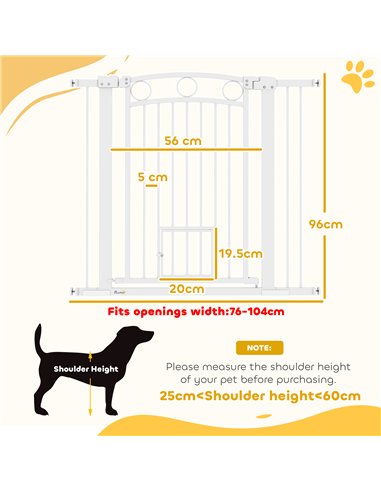 PawHut 96cm Tall Dog Gate with Cat Door, 7cm and 14cm Extensions, for Stairs, Doorways, 76-104cm Width
