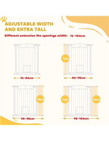 PawHut 96cm Tall Dog Gate with Cat Door, 7cm and 14cm Extensions, for Stairs, Doorways, 76-104cm Width