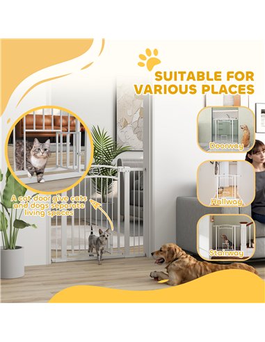 PawHut 96cm Tall Dog Gate with Cat Door, 7cm and 14cm Extensions, for Stairs, Doorways, 76-104cm Width