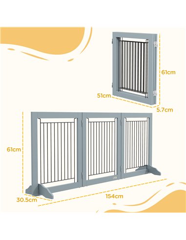 PawHut Foldable Pet Gate, with Three Panels & Two Support Feet - Grey