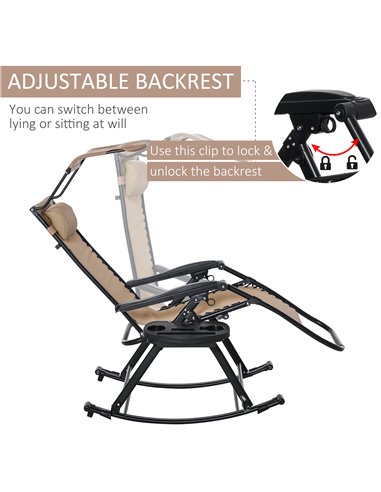 Outsunny Garden Rocking Chair Folding Recliner Outdoor Adjustable Sun Lounger Rocker Zero-Gravity Seat with Headrest Side Holder