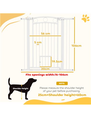 PawHut 106cm Tall Dog Gate with Cat Door, 7cm and 14cm Extensions, for Stairs, Doorways, 76-104cm Width