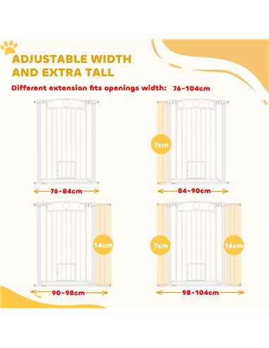 PawHut 106cm Tall Dog Gate with Cat Door, 7cm and 14cm Extensions, for Stairs, Doorways, 76-104cm Width