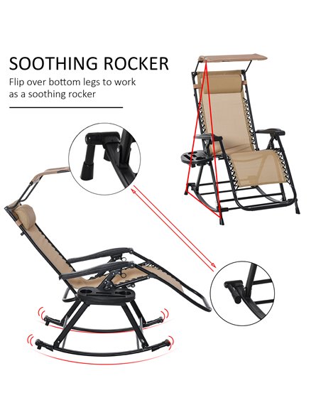 Outsunny Garden Rocking Chair Folding Recliner Outdoor Adjustable Sun Lounger Rocker Zero-Gravity Seat with Headrest Side Holder - pic 14382 | FastDaddyshop