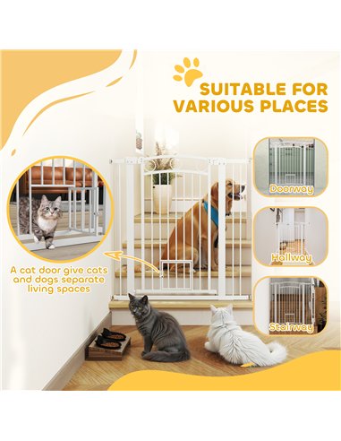 PawHut 106cm Tall Dog Gate with Cat Door, 7cm and 14cm Extensions, for Stairs, Doorways, 76-104cm Width