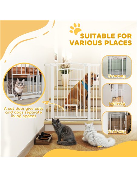 PawHut 106cm Tall Dog Gate with Cat Door, 7cm and 14cm Extensions, for Stairs, Doorways, 76-104cm Width - pic 143820 | FastDaddyshop