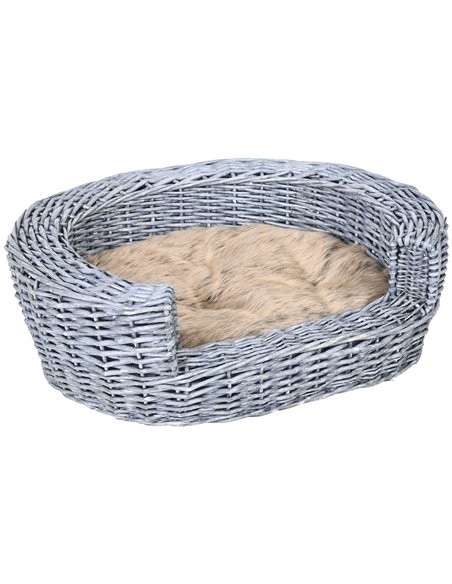 PawHut Wicker Pet Bed Willow Dog Cat Sofa Couch Puppy Basket with Cushion Grey 57L x 46W x 17.5H cm - pic 143885 | FastDaddyshop