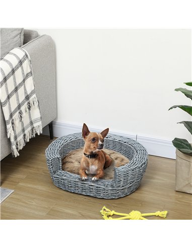PawHut Wicker Pet Bed Willow Dog Cat Sofa Couch Puppy Basket with Cushion Grey 57L x 46W x 17.5H cm