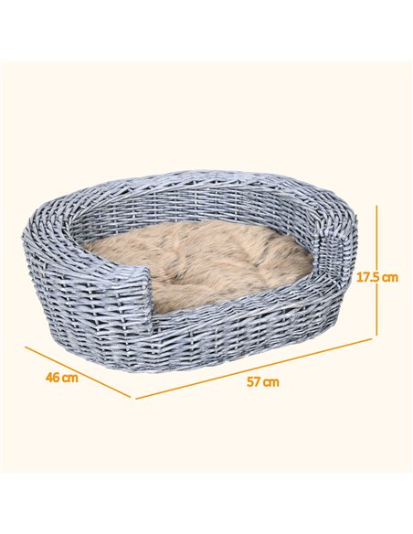 PawHut Wicker Pet Bed Willow Dog Cat Sofa Couch Puppy Basket with Cushion Grey 57L x 46W x 17.5H cm - pic 143887 | FastDaddyshop