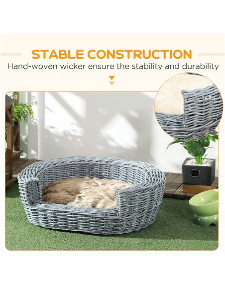 PawHut Wicker Pet Bed Willow Dog Cat Sofa Couch Puppy Basket with Cushion Grey 57L x 46W x 17.5H cm - pic 143888 | FastDaddyshop