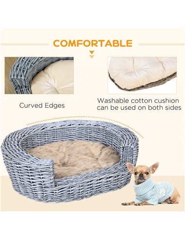 PawHut Wicker Pet Bed Willow Dog Cat Sofa Couch Puppy Basket with Cushion Grey 57L x 46W x 17.5H cm