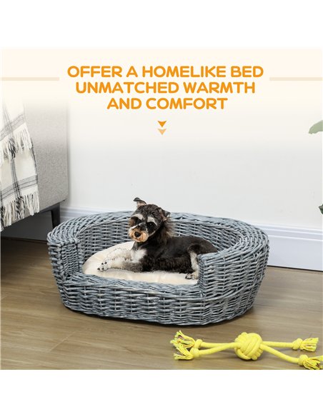 PawHut Wicker Pet Bed Willow Dog Cat Sofa Couch Puppy Basket with Cushion Grey 57L x 46W x 17.5H cm - pic 143891 | FastDaddyshop