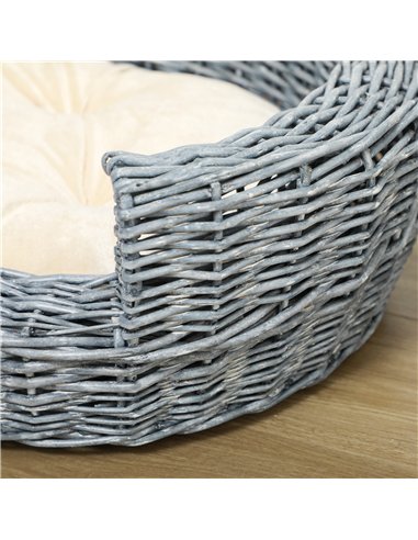 PawHut Wicker Pet Bed Willow Dog Cat Sofa Couch Puppy Basket with Cushion Grey 57L x 46W x 17.5H cm