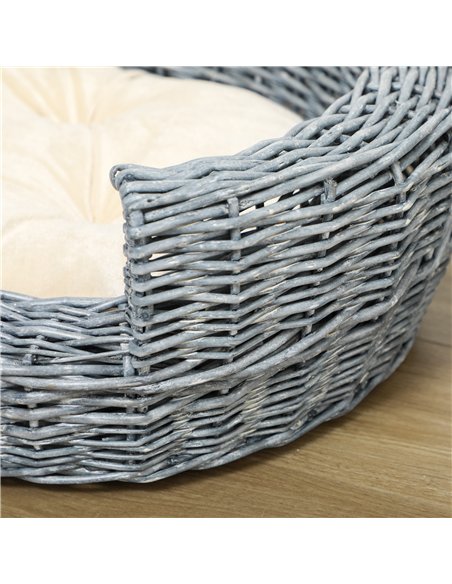 PawHut Wicker Pet Bed Willow Dog Cat Sofa Couch Puppy Basket with Cushion Grey 57L x 46W x 17.5H cm - pic 143893 | FastDaddyshop