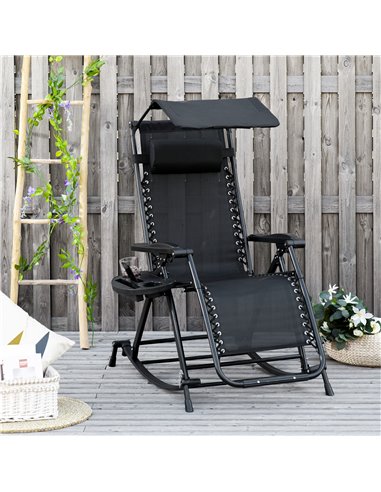 Outsunny Garden Rocking Chair Folding Recliner Outdoor Adjustable Sun Lounger Rocker Zero-Gravity Seat with Headrest Side Holder