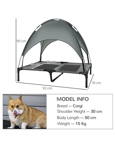 PawHut Raised Dog Bed Waterproof Elevated Pet Cot with Breathable Mesh UV Protection Canopy Grey, for Large Dogs, 92 x 76 x 90cm