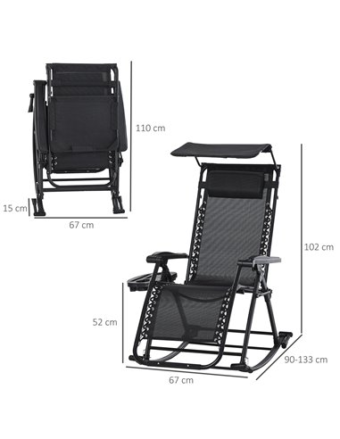 Outsunny Garden Rocking Chair Folding Recliner Outdoor Adjustable Sun Lounger Rocker Zero-Gravity Seat with Headrest Side Holder