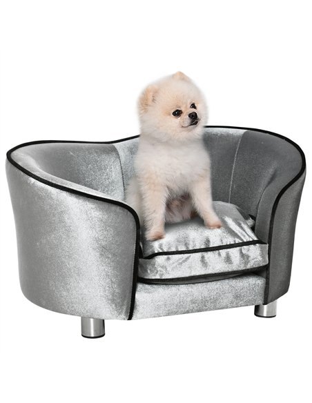 PawHut Dog Sofa Pet Chair, Kitten Bed Couch w/ Wooden Frame, Removable Cushion - Silver-Tone and Grey - pic 143939 | FastDaddyshop