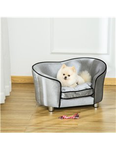 PawHut Dog Sofa Pet Chair, Kitten Bed Couch w/ Wooden Frame, Removable Cushion - Silver-Tone and Grey 2