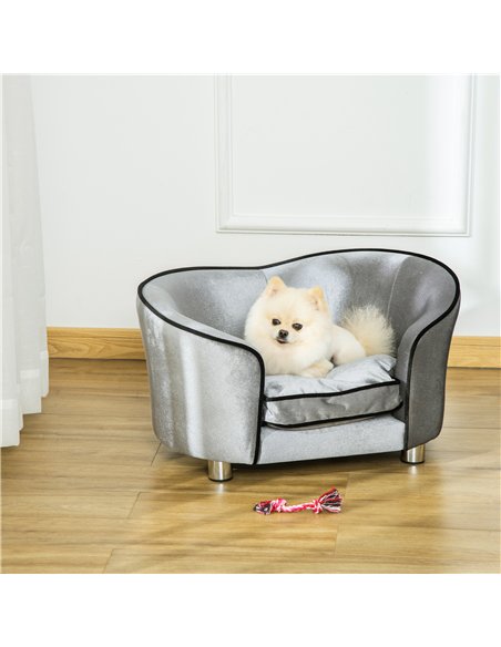 PawHut Dog Sofa Pet Chair, Kitten Bed Couch w/ Wooden Frame, Removable Cushion - Silver-Tone and Grey - pic 143940 | FastDaddyshop