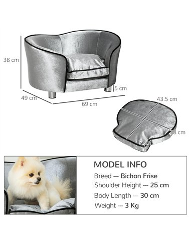 PawHut Dog Sofa Pet Chair, Kitten Bed Couch w/ Wooden Frame, Removable Cushion - Silver-Tone and Grey