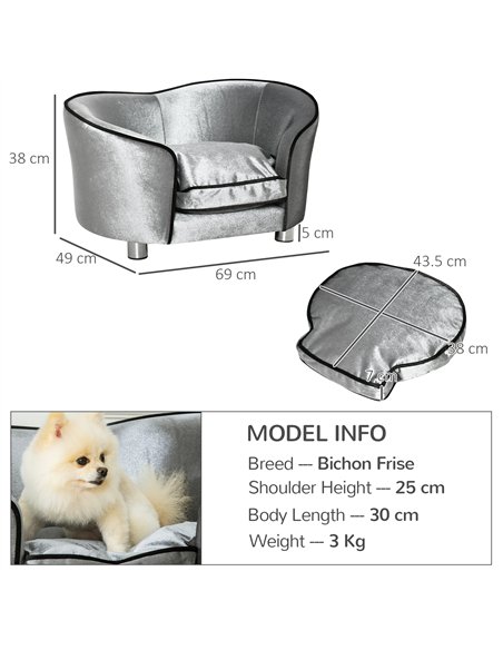 PawHut Dog Sofa Pet Chair, Kitten Bed Couch w/ Wooden Frame, Removable Cushion - Silver-Tone and Grey - pic 143941 | FastDaddyshop