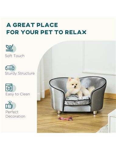 PawHut Dog Sofa Pet Chair, Kitten Bed Couch w/ Wooden Frame, Removable Cushion - Silver-Tone and Grey
