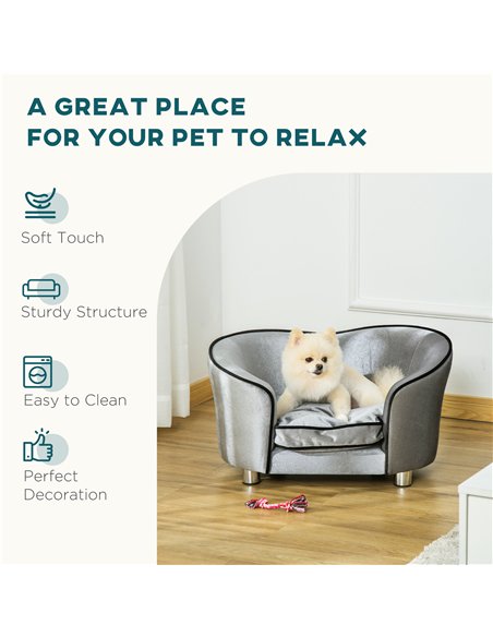 PawHut Dog Sofa Pet Chair, Kitten Bed Couch w/ Wooden Frame, Removable Cushion - Silver-Tone and Grey - pic 143943 | FastDaddyshop