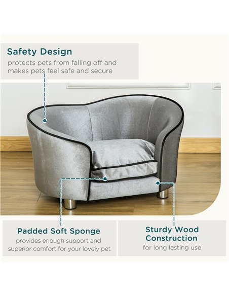 PawHut Dog Sofa Pet Chair, Kitten Bed Couch w/ Wooden Frame, Removable Cushion - Silver-Tone and Grey - pic 143944 | FastDaddyshop