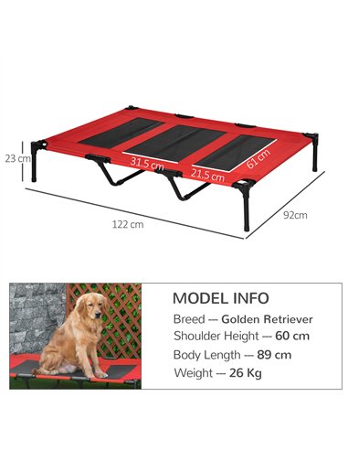 PawHut Raised Dog Bed Cooling Elevated Pet Cot with Breathable Mesh for Indoor Outdoor Use Red, XX Large, 122 x 92 x 23cm