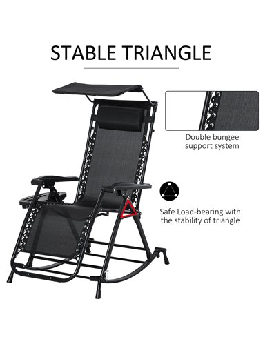 Outsunny Garden Rocking Chair Folding Recliner Outdoor Adjustable Sun Lounger Rocker Zero-Gravity Seat with Headrest Side Holder
