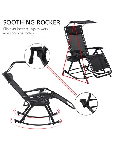 Outsunny Garden Rocking Chair Folding Recliner Outdoor Adjustable Sun Lounger Rocker Zero-Gravity Seat with Headrest Side Holder