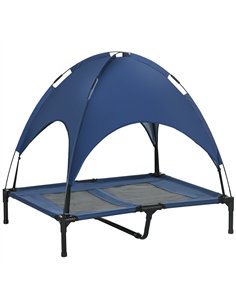 PawHut Raised Dog Bed Waterproof Elevated Pet Cot with Breathable Mesh UV Protection Canopy Blue, for Large Dogs, 92 x 76 x 90cm