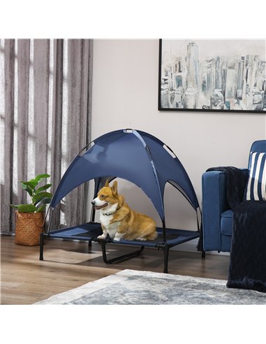 PawHut Raised Dog Bed Waterproof Elevated Pet Cot with Breathable Mesh UV Protection Canopy Blue, for Large Dogs, 92 x 76 x 90cm