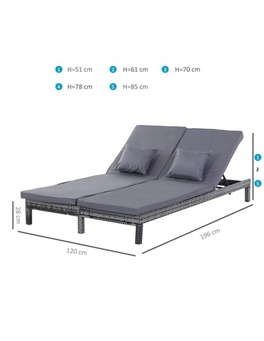 Outsunny 2 Seater Rattan Lounger with Cushion, Grey