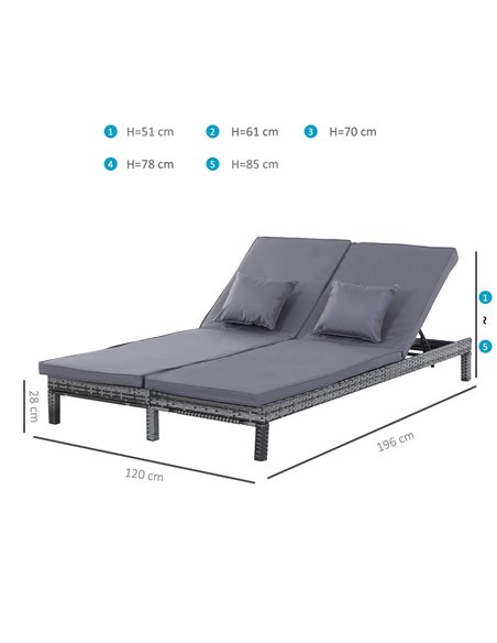 Outsunny 2 Seater Rattan Lounger with Cushion, Grey - pic 14409 | FastDaddyshop