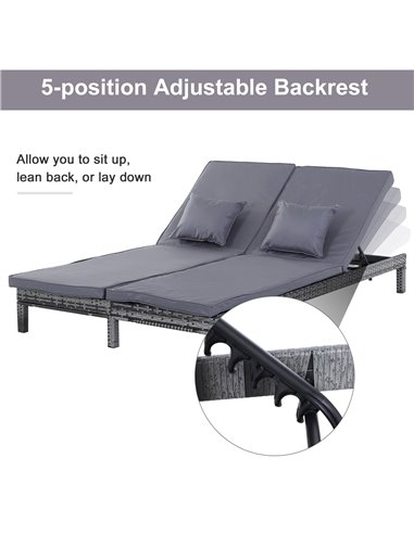 Outsunny 2 Seater Garden Double Rattan Sun Lounger Companion Reclining Recliner Wicker Weave Patio Outdoor Furniture Cushioned -