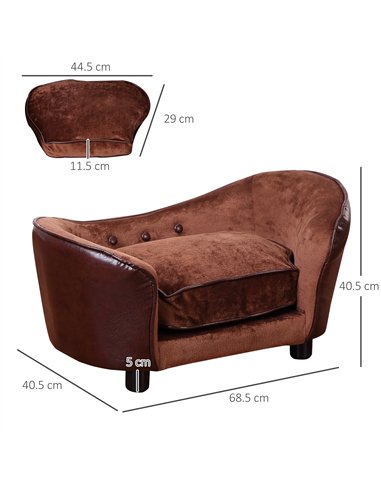 PawHut Dog Sofa Chair with Legs, Pet Couch with Soft Cushion for Extra Small Dogs Cats, Brown, 68.5 x 40.5 x 40.5 cm