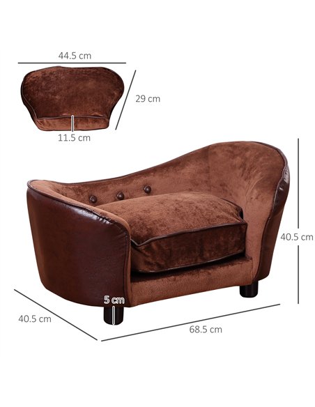 PawHut Dog Sofa Chair with Legs, Pet Couch with Soft Cushion for Extra Small Dogs Cats, Brown, 68.5 x 40.5 x 40.5 cm - pic 144175 | FastDaddyshop