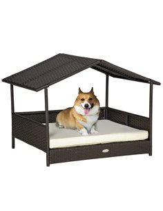 PawHut Wicker Dog House, Rattan Pet Bed, with Removable Cushion, Canopy, for Small and Medium Dogs - Cream